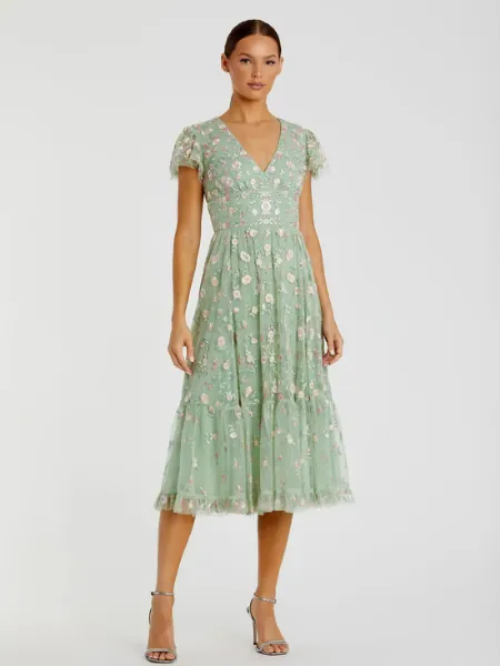Green Multicolor Embroidered V Neck Cap Sleeve Midi Dress